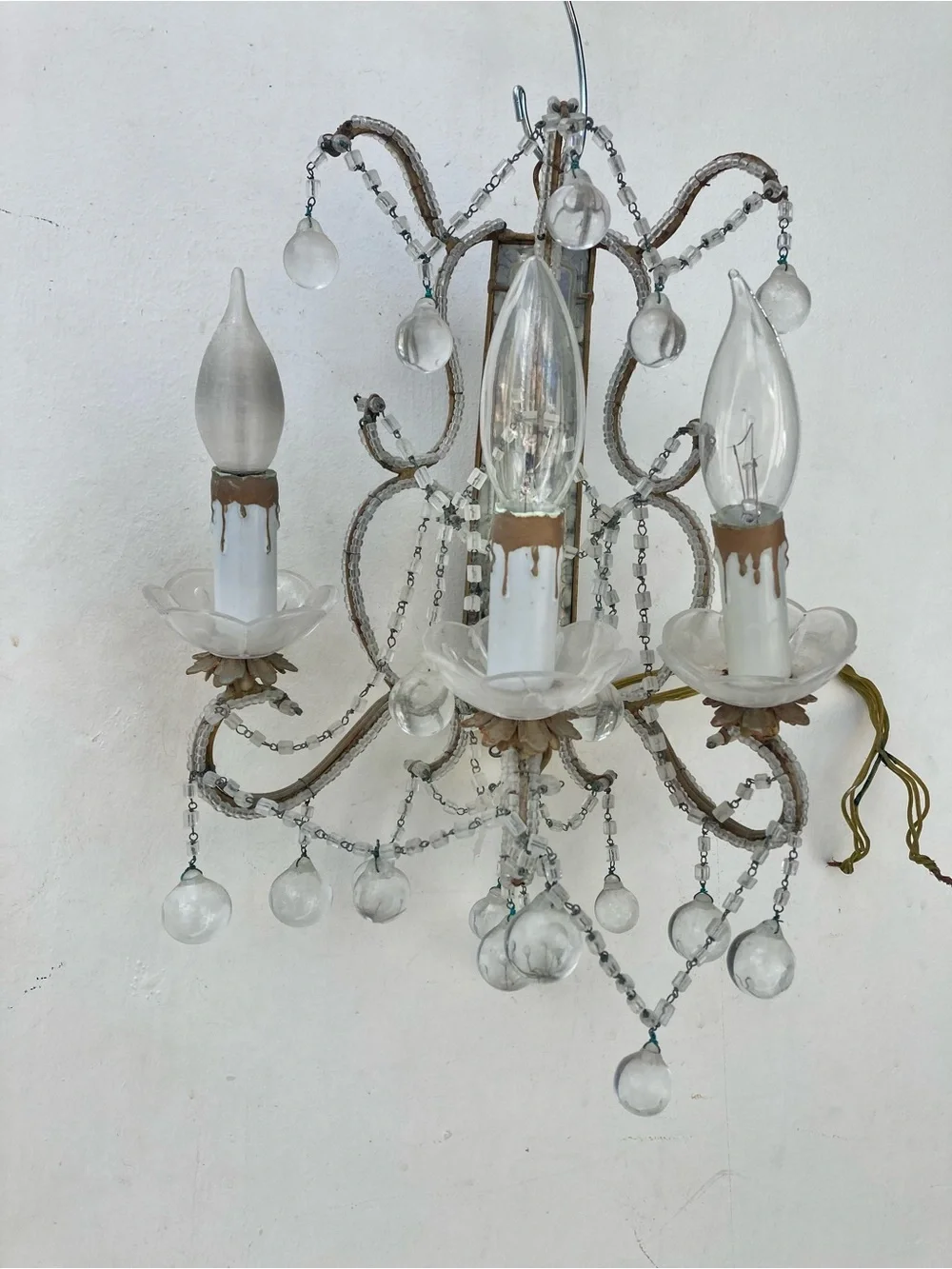 Vintage Italian Macaroni Beaded Glass 3 Light Wall Sconces Pair